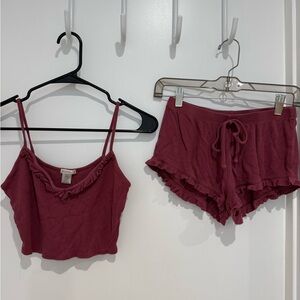 Women's Burgundy Ruffle Trim Sleepwear Set